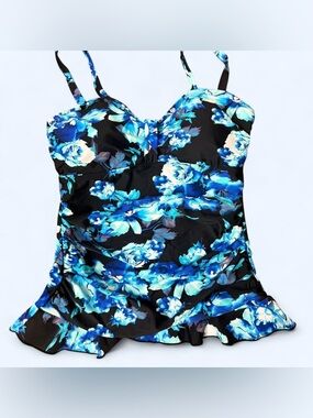 Womens Black and Blue Floral BabydollSwimsuit Top
